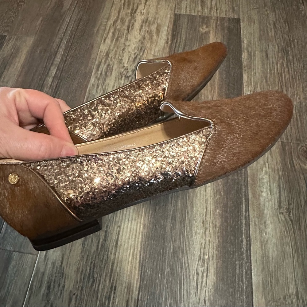 Calf hair glitter brown gold leather slip on flats loafers women's shoes 7.5